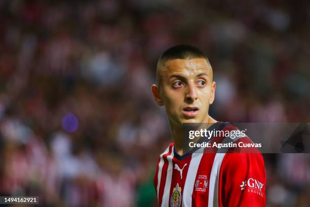 Roberto Alvarado of Chivas looks on during the final second leg match between Chivas and Tigres UANL as part of the Torneo Clausura 2023 Liga MX at...