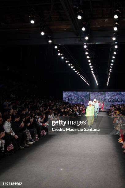 Models walk the runway at Greg Joey fashion show during Sao Paulo Fashion Week N55 SPFW Fall/Winter 2024 at Komplexo Tempo on May 28, 2023 in Sao...