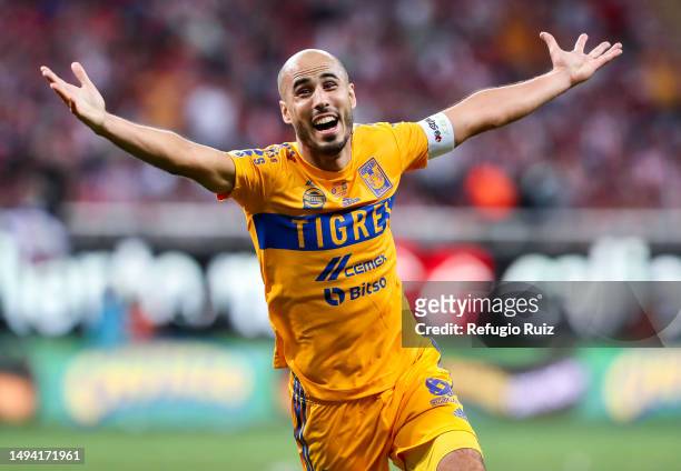 Guido Pizarro of Tigres celebrates after scoring the team's third goal during the final second leg match between Chivas and Tigres UANL as part of...
