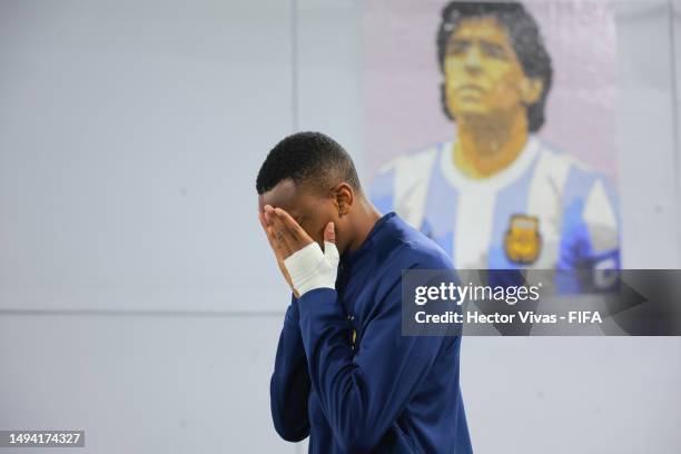 Sekou Lega of France waits to go onto the field before a FIFA U-20 World Cup Argentina 2023 Group F match between Honduras and France at Estadio La...