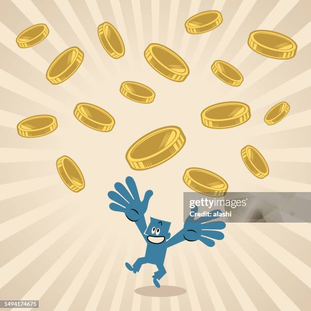 ein lächelnder blauer mann fängt das geld auf, das vom himmel fällt - coins falling stock-grafiken, -clipart, -cartoons und -symbole