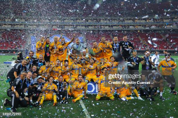 Players of Tigres celebrate after winning the final second leg match between Chivas and Tigres UANL as part of the Torneo Clausura 2023 Liga MX at...