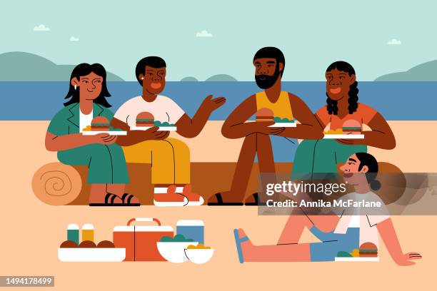 a multiracial group of queer lgbtqia friends enjoy picnic on beach in summer - beach bbq stock illustrations