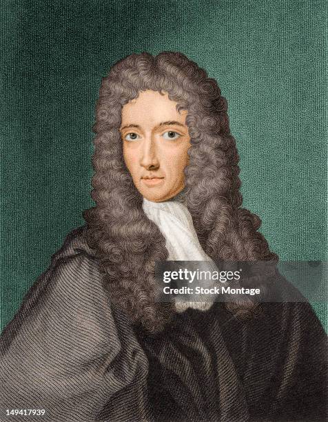Colored engraving of British chemist Robert Boyle , one of the founders of modern chemistry, 17th century.