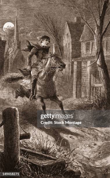 Engraving of American silversmith Paul Revere as he rides from Boston to Lexington to warn of British soldiers on the march toward Concord,...