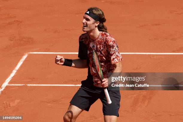 Stefanos Tsitsipas of Greece celebrates his first round victory during day 1 of the 2023 French Open, Roland-Garros 2023, second Grand Slam tennis...