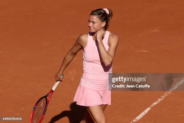 Camila Giorgi of Italy celebrates her first round victory during day 1 of the 2023 French Open, Roland-Garros 2023, second Grand Slam tennis...