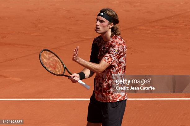 Stefanos Tsitsipas of Greece celebrates his first round victory during day 1 of the 2023 French Open, Roland-Garros 2023, second Grand Slam tennis...