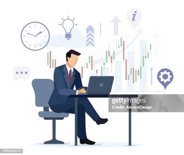 businessman character. trader working on laptop. financial analyst. - stock broker office stock illustrations