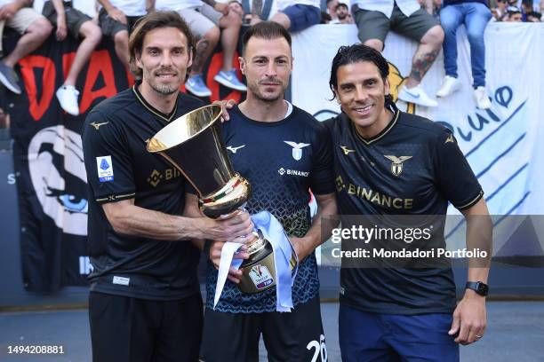 Federico Marchetti, Stefan Radu, Sergio Floccar during the ceremony for the 10 years since the victory of the Lazio Coppa Italia over Roma on 26 May...