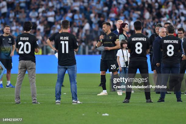 Lazio footballer Stefan Radu leave football after 15 years with Lazio during the match between Lazio and Cremonese at the Stadio Olimpico on May 28,...