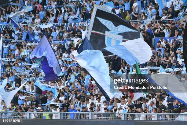 Lazio fans during the match between Lazio and Cremonese at the Stadio Olimpico on May 28, 2023 in Rome, Italy.