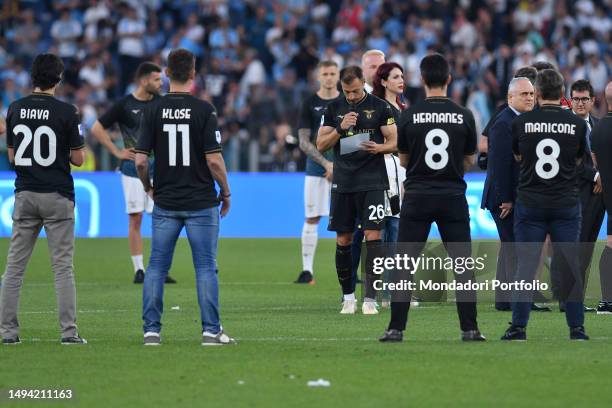 Lazio footballer Stefan Radu leave football after 15 years with Lazio during the match between Lazio and Cremonese at the Stadio Olimpico on May 28,...