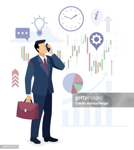 businessman character.  trader talking on the phone. financial analyst. - financial advisor stock illustrations stock illustrations