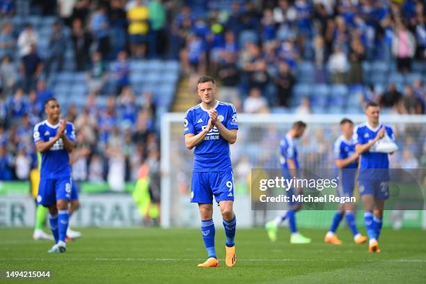 Jamie Vardy of Leicester looks dejected after being relegated after the Premier League match between Leicester City and West Ham United at The King...