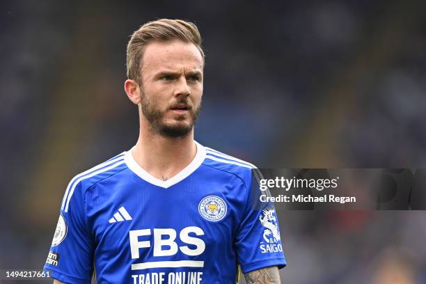 James Maddison of Leicester looks on during the Premier League match between Leicester City and West Ham United at The King Power Stadium on May 28,...