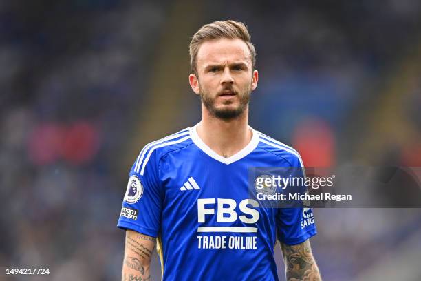 James Maddison of Leicester looks on during the Premier League match between Leicester City and West Ham United at The King Power Stadium on May 28,...