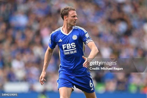 Jonny Evans of Leicester in action during the Premier League match between Leicester City and West Ham United at The King Power Stadium on May 28,...