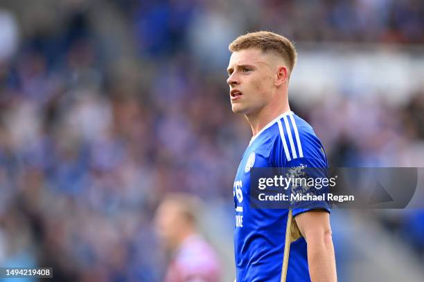 Harvey Barnes of Leicester looks on during the Premier League match between Leicester City and West Ham United at The King Power Stadium on May 28,...