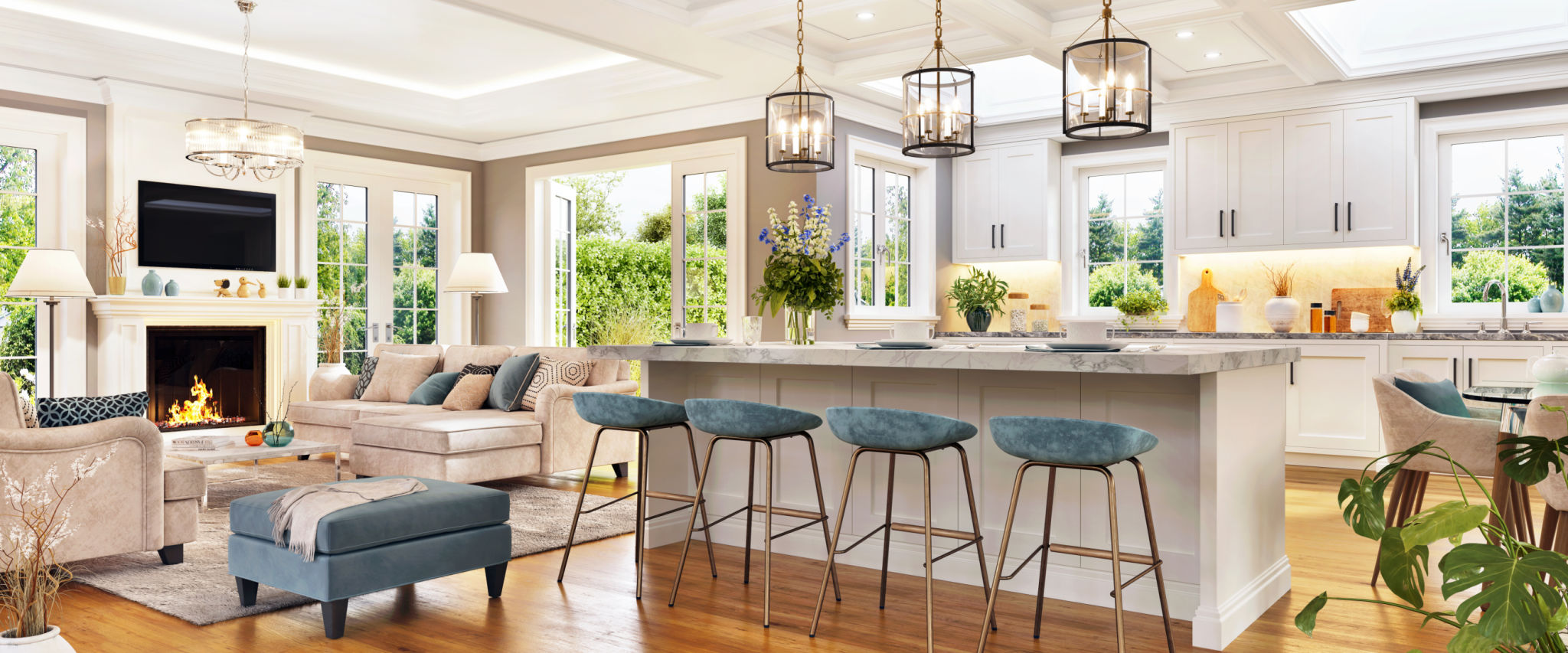Open plan living room with white kitchen Open plan living room with white kitchen