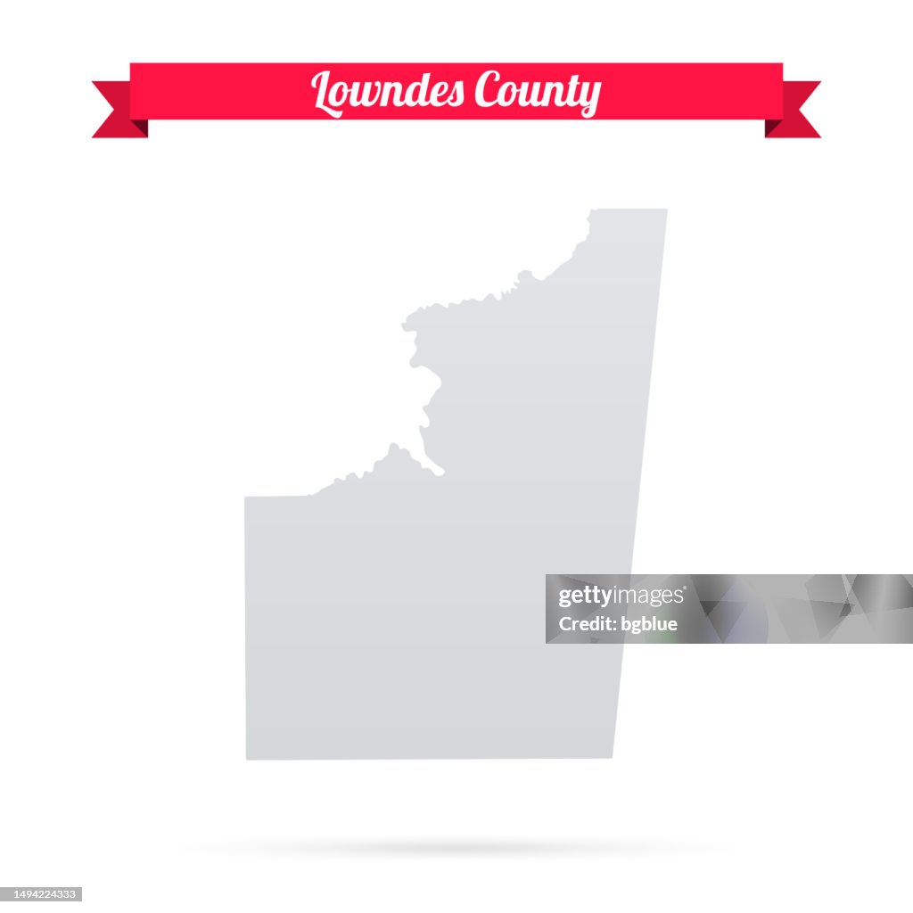 Lowndes County, Mississippi. Map on white background with red banner