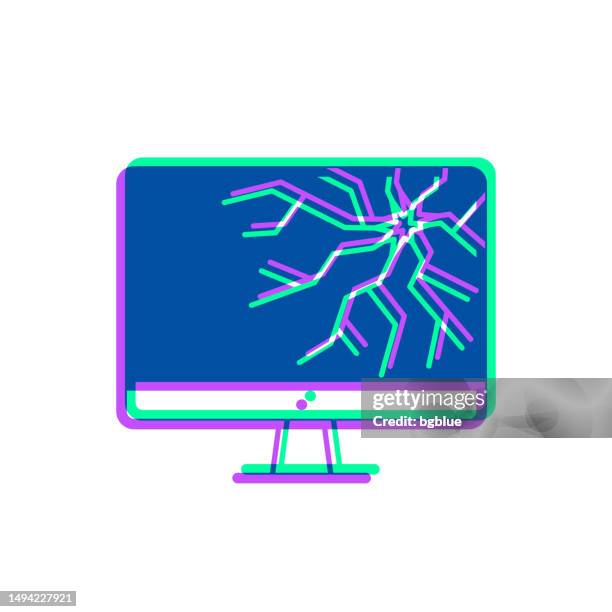desktop computer with broken screen. icon with two color overlay on white background - shocked computer stock illustrations