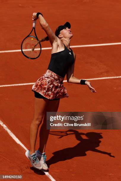 Kristina Mladenovic of France serves against Karla Day of United States during their Women's Singles First Round Match on Day Two of the 2023 French...