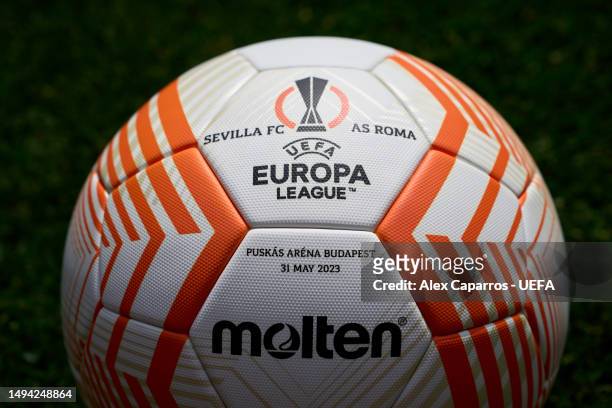 View of the Molten UEFA Europa League Official Match Ball prior to the UEFA Europa League 2022/23 final match between Sevilla FC and AS Roma at...