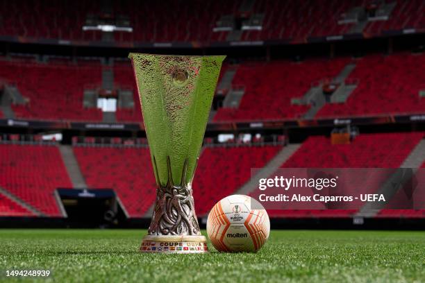 View of the Molten UEFA Europa League Official Match Ball with the UEFA Europa League trophy prior to the UEFA Europa League 2022/23 final match...