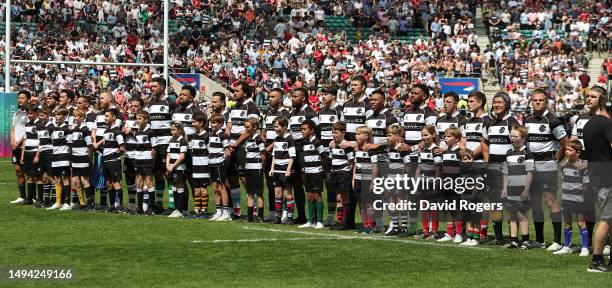 The Barbarians team line up during the Killik Cup match between Barbarians and a World XV at Twickenham Stadium on May 28, 2023 in London, England.