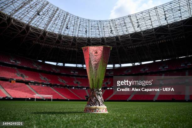 View of the UEFA Europa League trophy prior to the UEFA Europa League 2022/23 final match between Sevilla FC and AS Roma at Puskas Arena on May 29,...