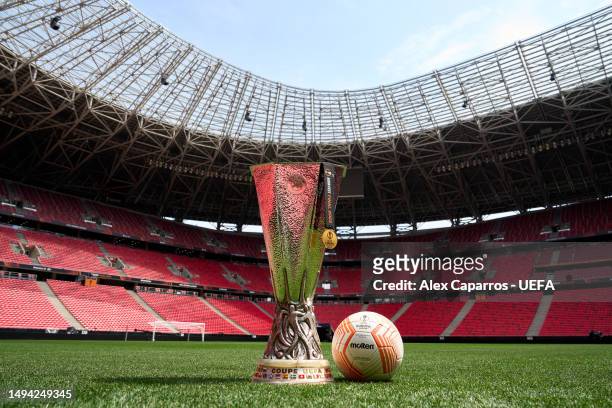View of a UEFA Europa League winners' medal and the Molten UEFA Europa League Official Match Ball with the UEFA Europa League trophy prior to the...