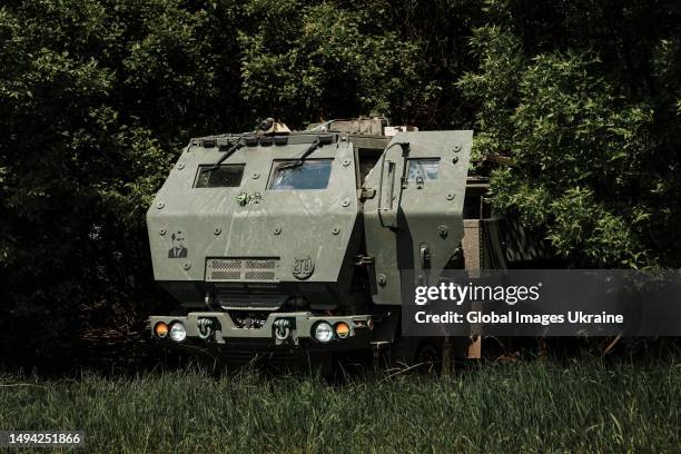 Launcher with armored cab stands on the Bakhmut direction on May 18, 2023 in Donetsk Oblast, Ukraine. Ukraine received the HIMARS as part of...