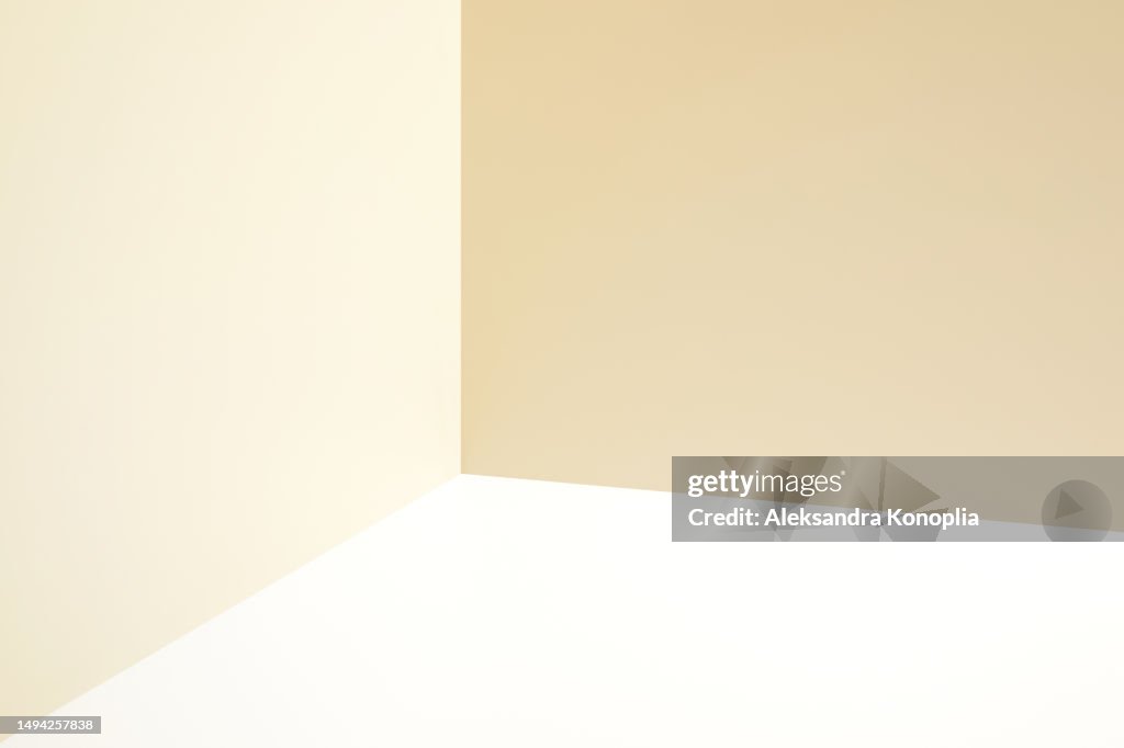 Minimal empty beige, cream, white 3d room background. Modern Studio showcase with copy space. Trendy place to advertise your products. Luxury stage concept for cosmetic, beauty, fashion, product mock-up design template presentation