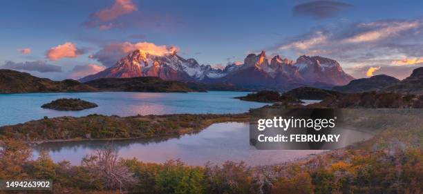 double lakes, torres del paine national park - lake reflection stock pictures, royalty-free photos & images