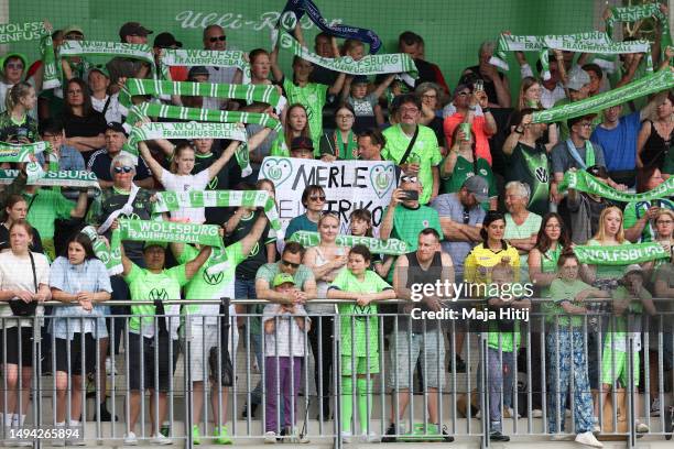 Fans of VfL Wolfsburg prior to the FLYERALARM Frauen-Bundesliga match between VfL Wolfsburg and Sport-Club Freiburg at AOK-Stadion on May 28, 2023 in...