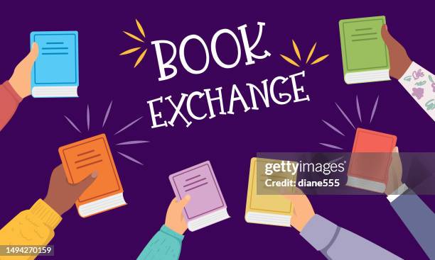 book exchange or book crossing - exchanging books stock illustrations
