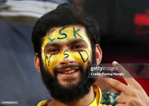 Super Kings fan shows his support before the 2023 IPL Final match between Chennai Super Kings and Gujarat Titans at Narendra Modi Stadium on May 29,...