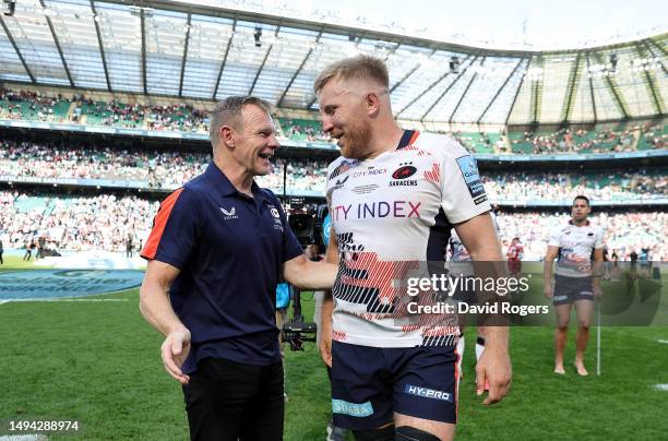 Mark McCall, the Saracens director of rugby celebrates with Jackson Wray after their victory during the Gallagher Premiership Final between Saracens...