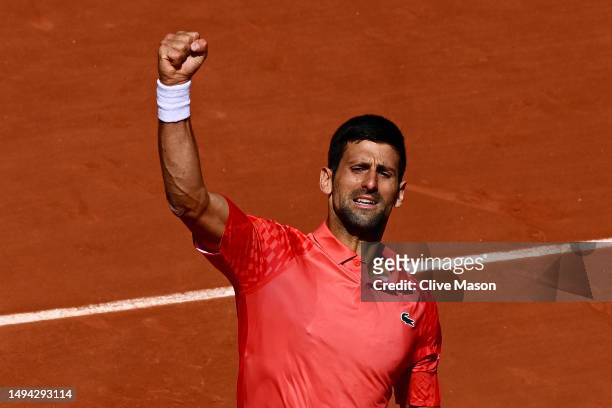 Novak Djokovic of Serbia celebrates a point against Aleksandar Kovacevic of United States during their Men's Singles First Round Match on Day Two of...
