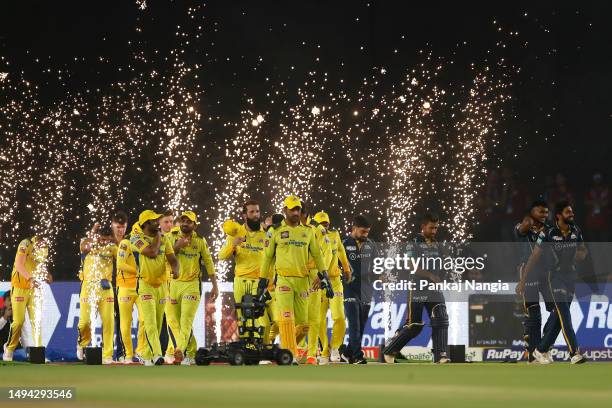 Player walk out onto the field for the national anthem prior to start of play during the 2023 IPL Final match between Chennai Super Kings and Gujarat...