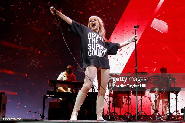 Logan MacKenzie, Hayley Williams, and Joseph Mullen of Paramore perform during the 2023 Boston Calling Music Festival at Harvard Athletic Complex on...