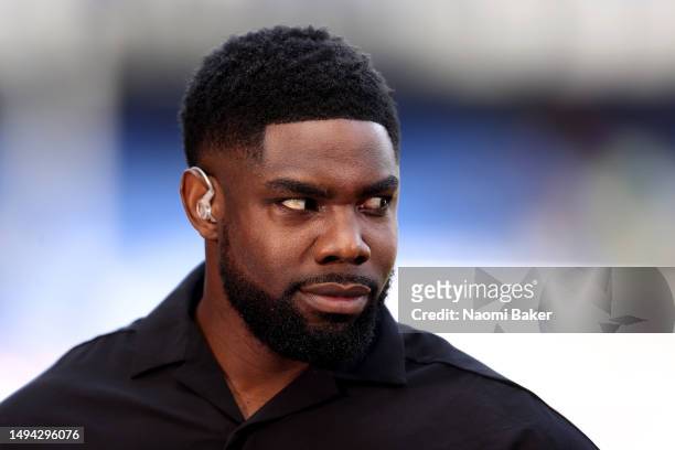 Sky Sports pundit Micah Richards during the Premier League match between Everton FC and AFC Bournemouth at Goodison Park on May 28, 2023 in...