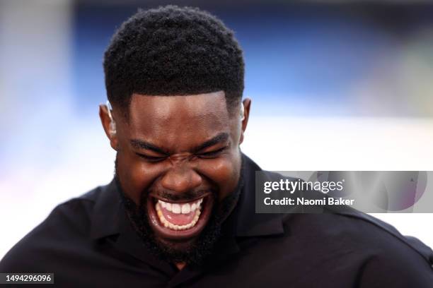 Sky Sports pundit Micah Richards during the Premier League match between Everton FC and AFC Bournemouth at Goodison Park on May 28, 2023 in...