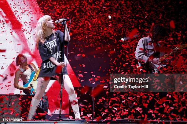 Joey Howard, Hayley Williams, and Taylor York of Paramore perform during the 2023 Boston Calling Music Festival at Harvard Athletic Complex on May...