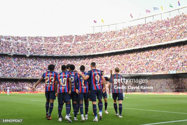 Ansu Fati of FC Barcelona celebrates with his team mates their team's first goal during the LaLiga Santander match between FC Barcelona and RCD...