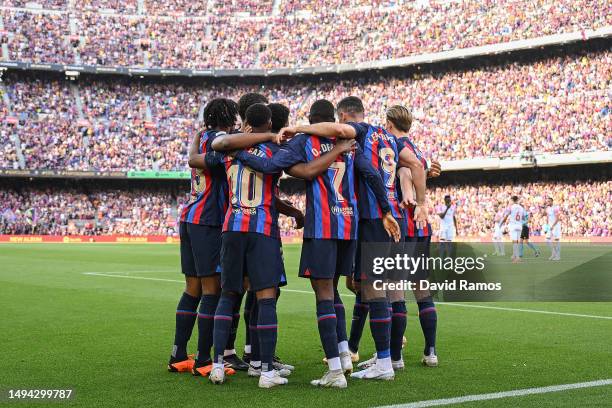 Ansu Fati of FC Barcelona celebrates with his team mates their team's first goal during the LaLiga Santander match between FC Barcelona and RCD...