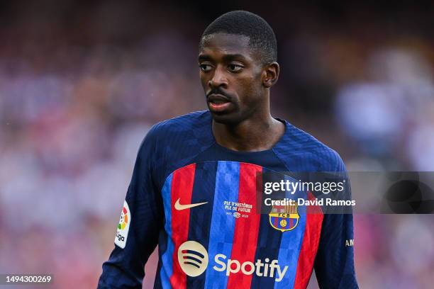 Ousmane Dembele of FC Barcelona looks on during the LaLiga Santander match between FC Barcelona and RCD Mallorca at Spotify Camp Nou on May 28, 2023...