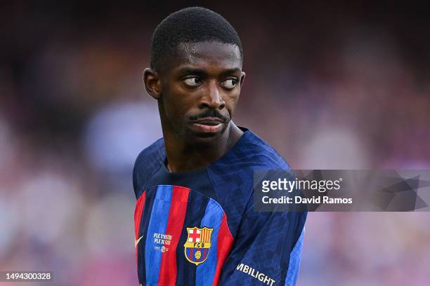 Ousmane Dembele of FC Barcelona looks on during the LaLiga Santander match between FC Barcelona and RCD Mallorca at Spotify Camp Nou on May 28, 2023...