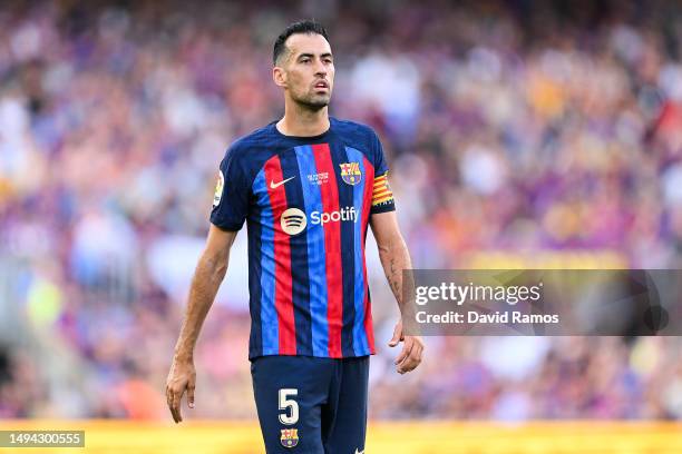 Sergio Busquets of FC Barcelona looks on during the LaLiga Santander match between FC Barcelona and RCD Mallorca at Spotify Camp Nou on May 28, 2023...